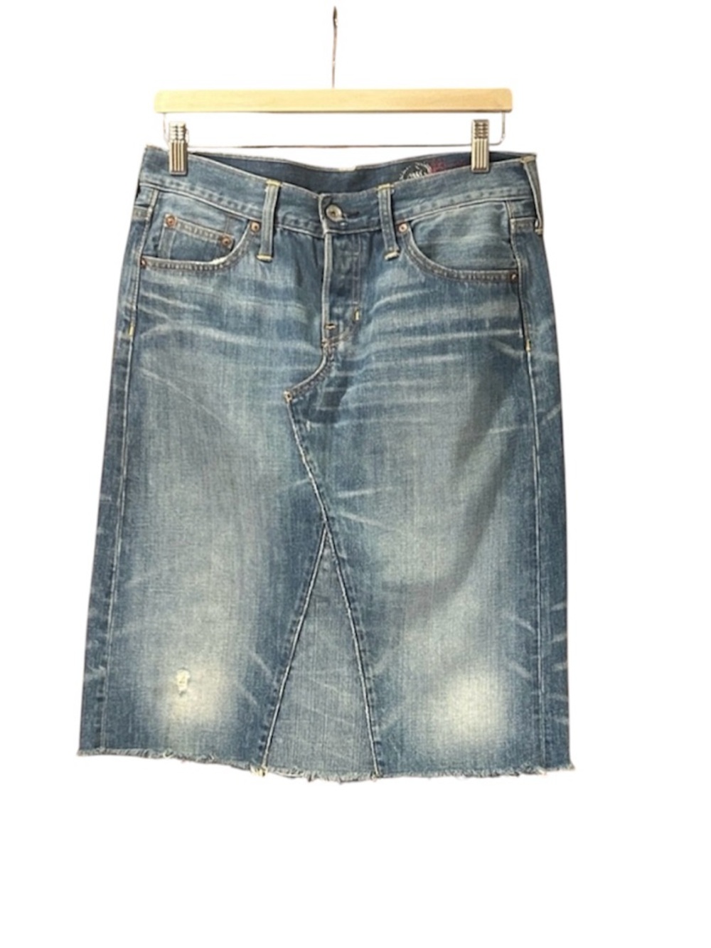 Vtg GAP 1969 Denim Midi Skirt Women’s Size 6 Button Fly Y2K 2008 Distressed Jean